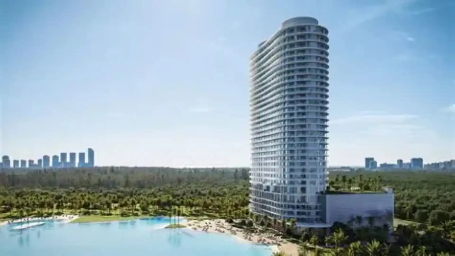 Exterior of ONE Park Tower, a luxury development in North Miami, FL.